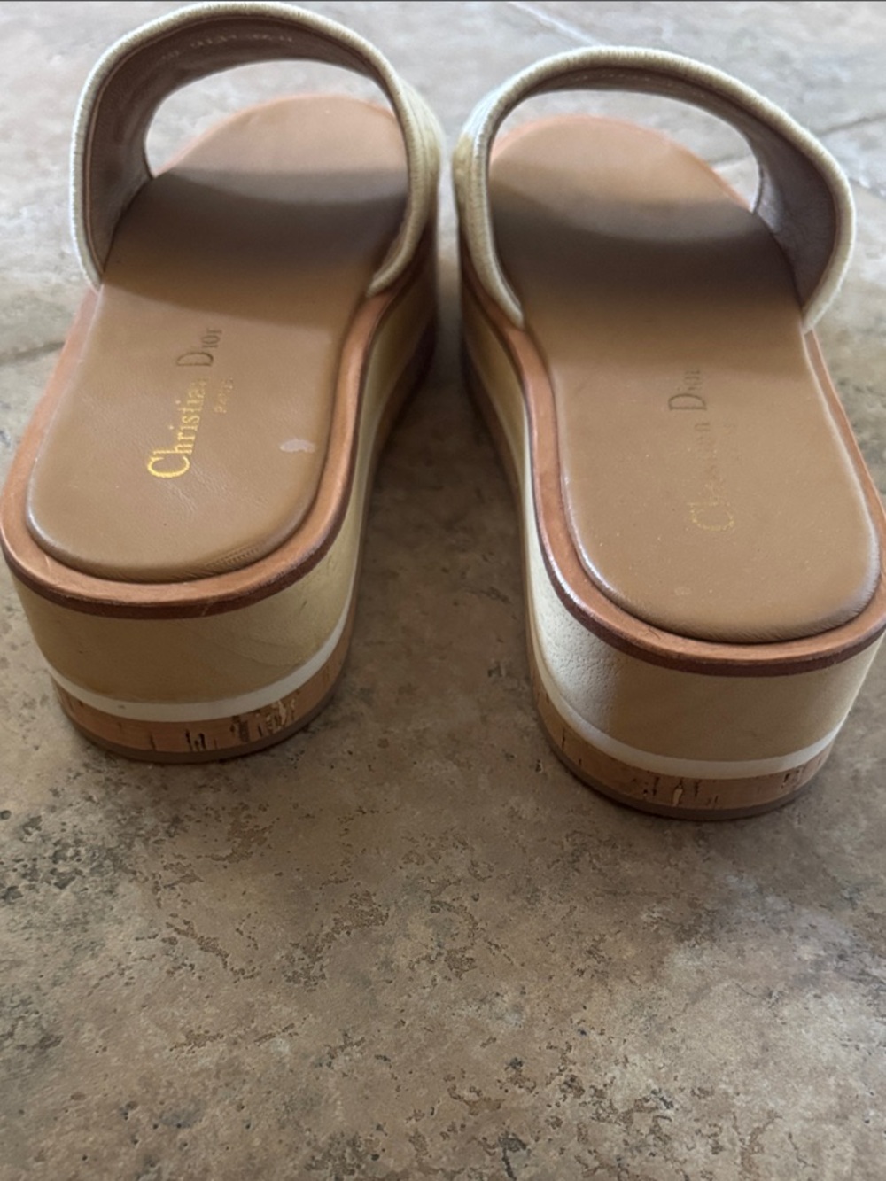 Dior Cream Canvas Slide Sandals with Tan Footbed - Picture 4 of 4